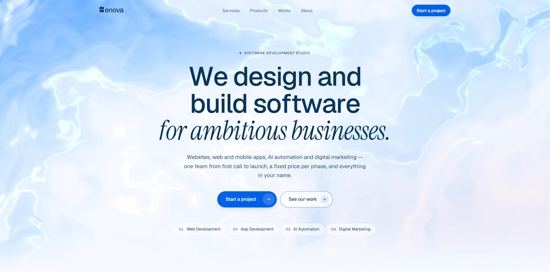 Zenova homepage — “We design and build software for ambitious businesses.”